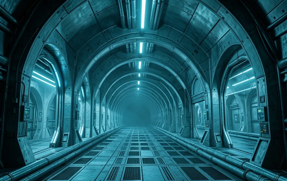 Deep industrial architectural perspective representing data flow structures